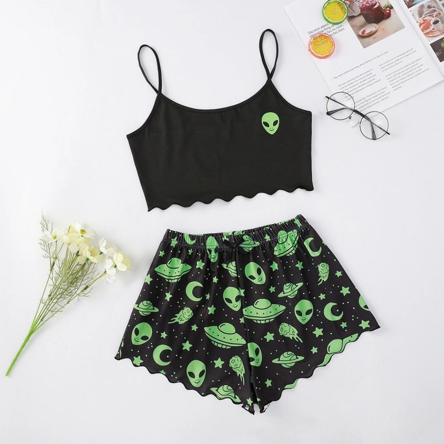 Two-Piece Women'S Large Size Sleeveless Pajamas Skull Print Vest Pumpkin Camisole Shorts Home Clothes Student Girls Clothing