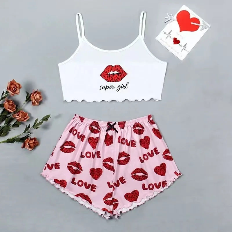 European American Style Thin Sleeveless Tank Top Shorts Two-Piece Loungewear Pajamas