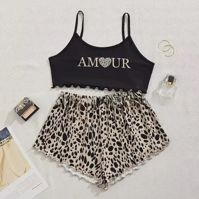 European American Style Thin Sleeveless Tank Top Shorts Two-Piece Loungewear Pajamas