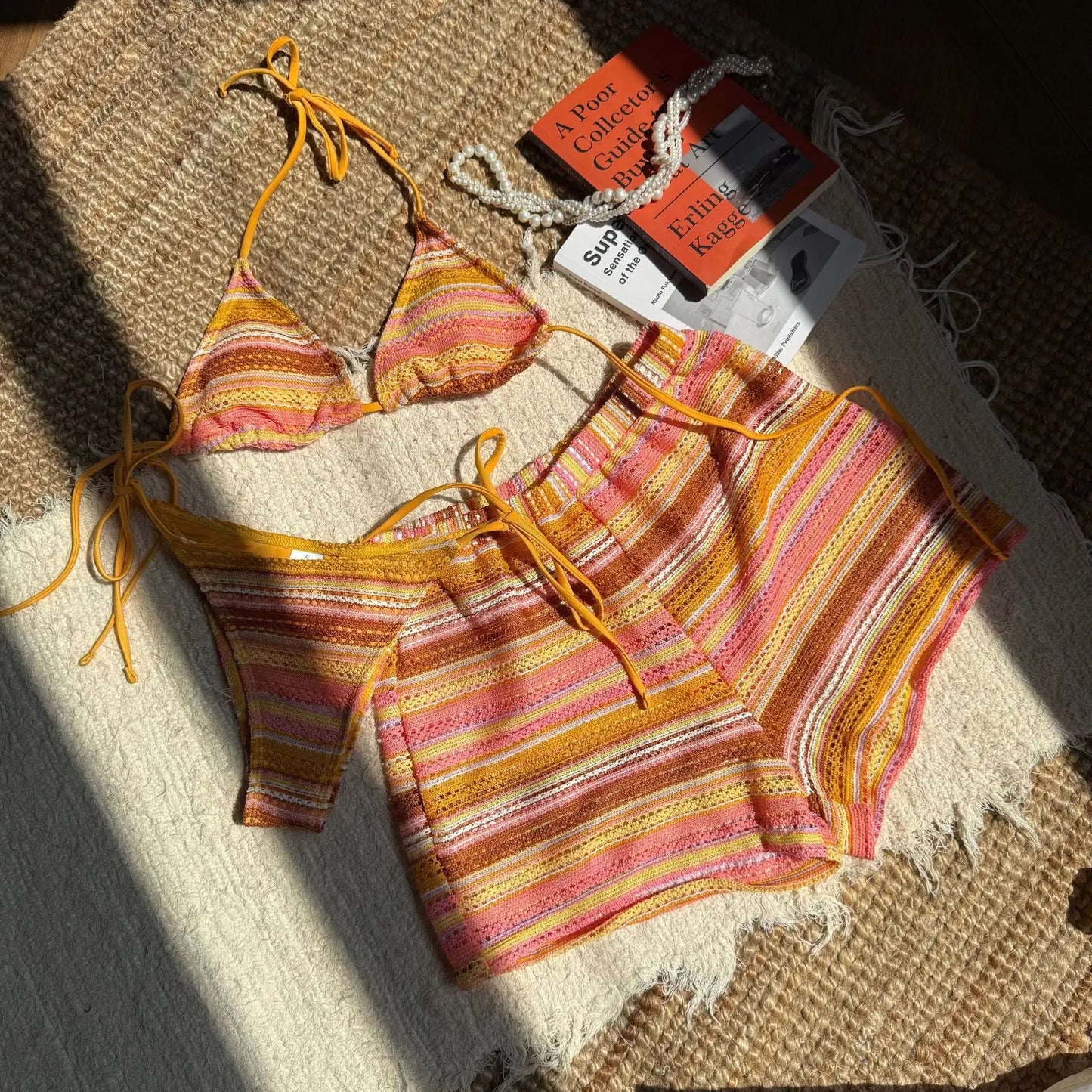 New European and American Style Sexy Halterneck Bikini Knitted Contrasting Color Beach Shorts Three-Piece Swimsuit BIKINI