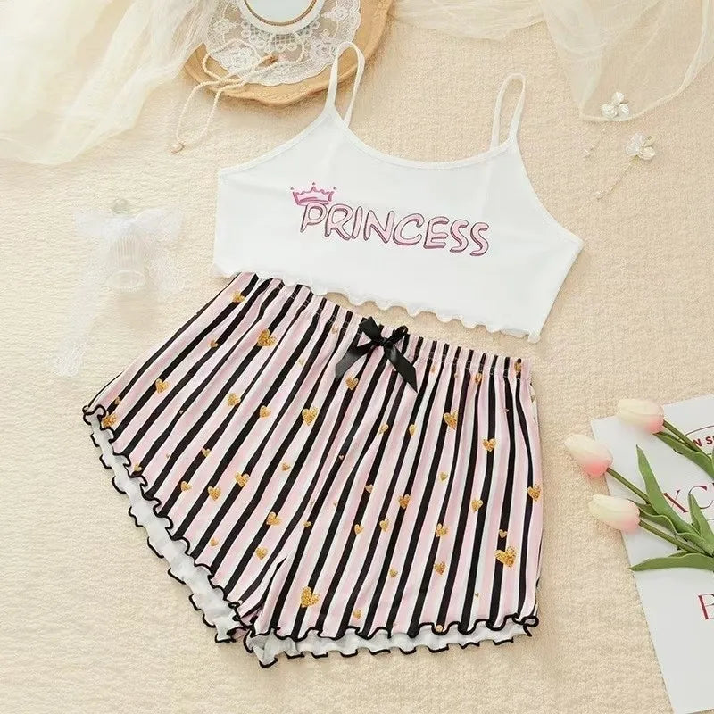 European American Style Thin Sleeveless Tank Top Shorts Two-Piece Loungewear Pajamas