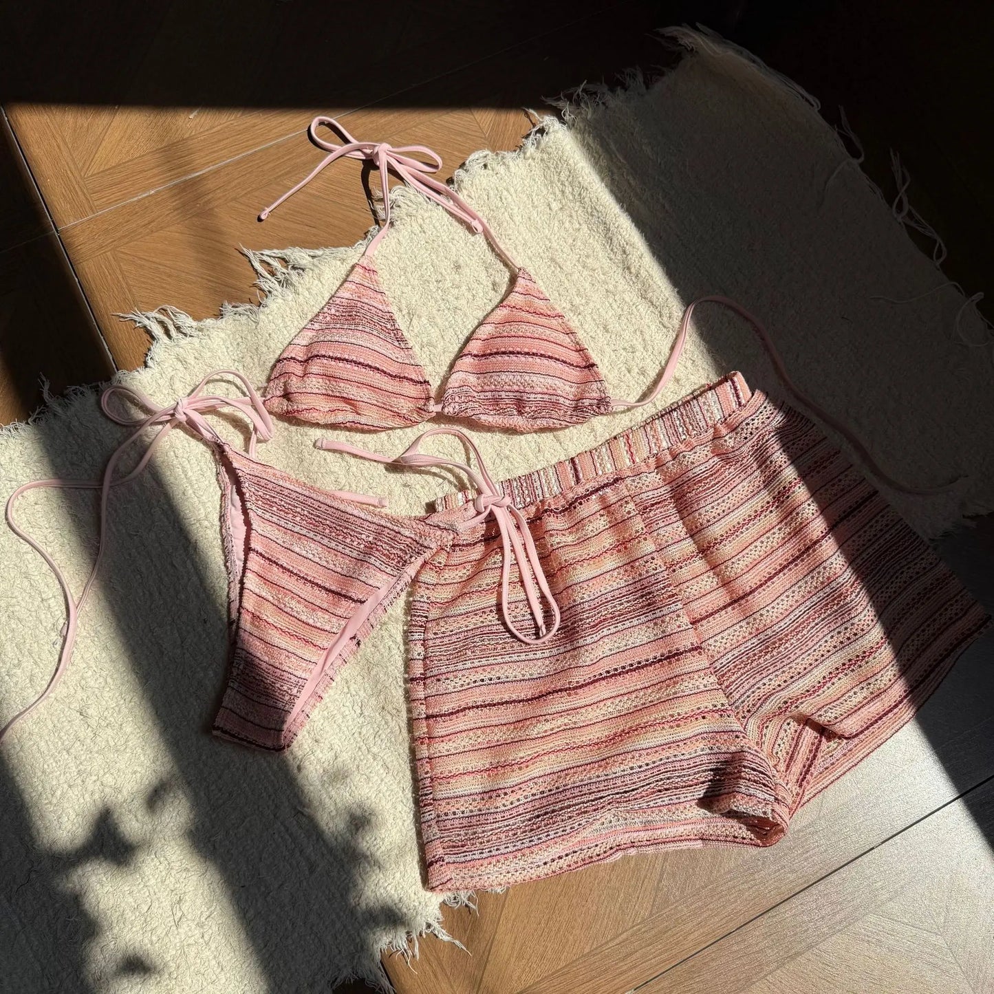 New European and American Style Sexy Halterneck Bikini Knitted Contrasting Color Beach Shorts Three-Piece Swimsuit BIKINI