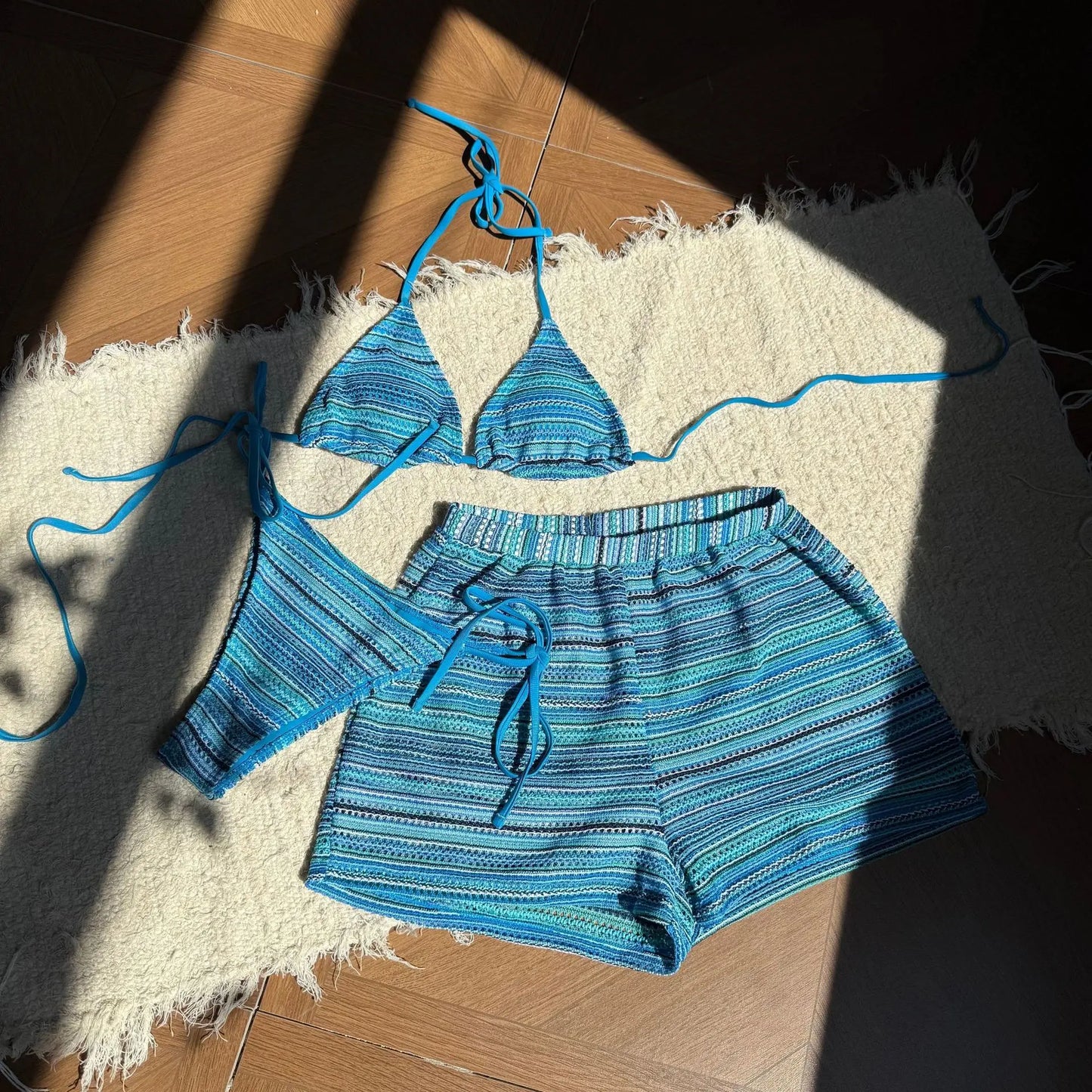 New European and American Style Sexy Halterneck Bikini Knitted Contrasting Color Beach Shorts Three-Piece Swimsuit BIKINI