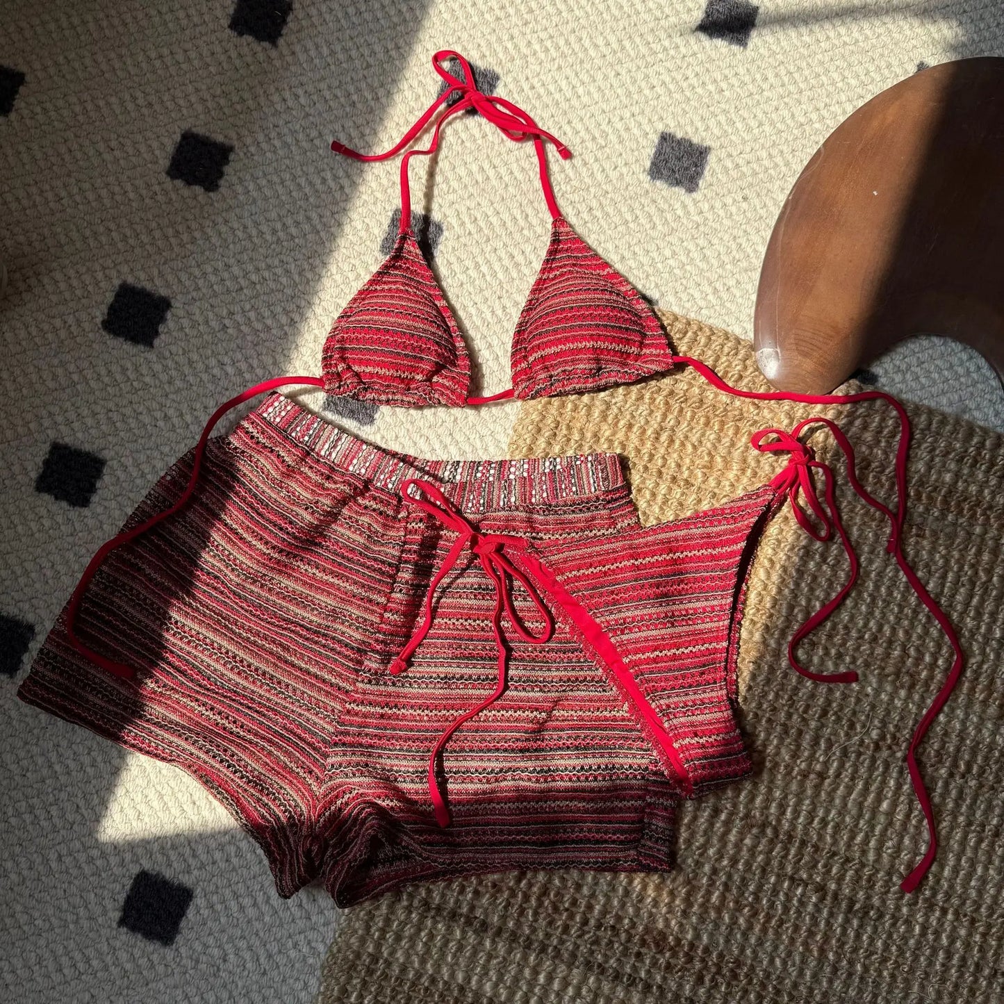 New European and American Style Sexy Halterneck Bikini Knitted Contrasting Color Beach Shorts Three-Piece Swimsuit BIKINI