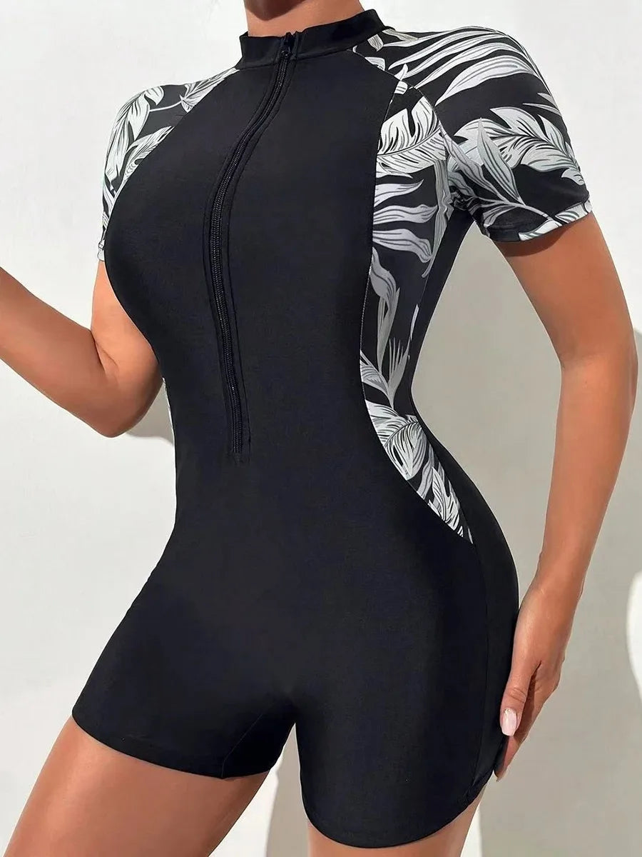2PCS/Set Women Swimsuit Women Short Sleeved Swimsuit Front Zipper Tropical Plant Surfing Sunscreen Swimsuit (Bra+Swimsuit)