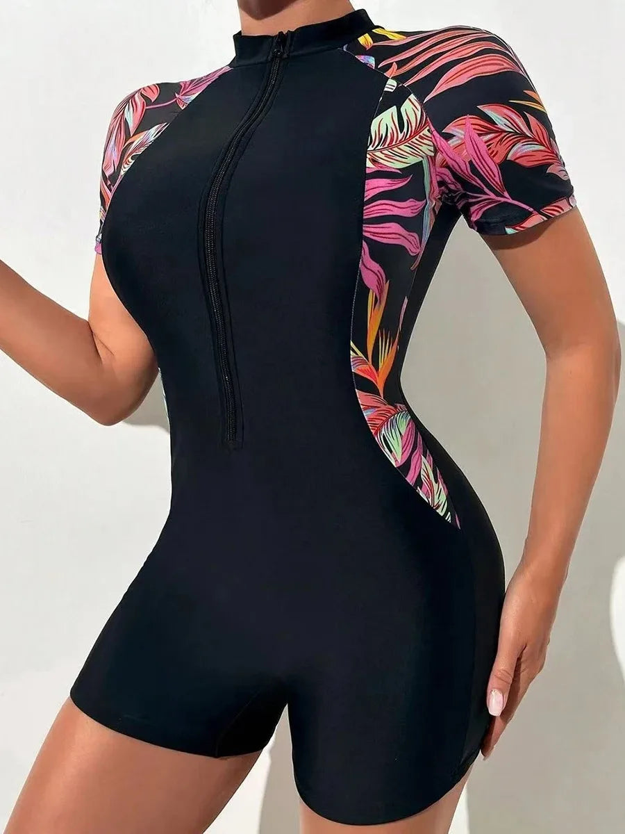 2PCS/Set Women Swimsuit Women Short Sleeved Swimsuit Front Zipper Tropical Plant Surfing Sunscreen Swimsuit (Bra+Swimsuit)