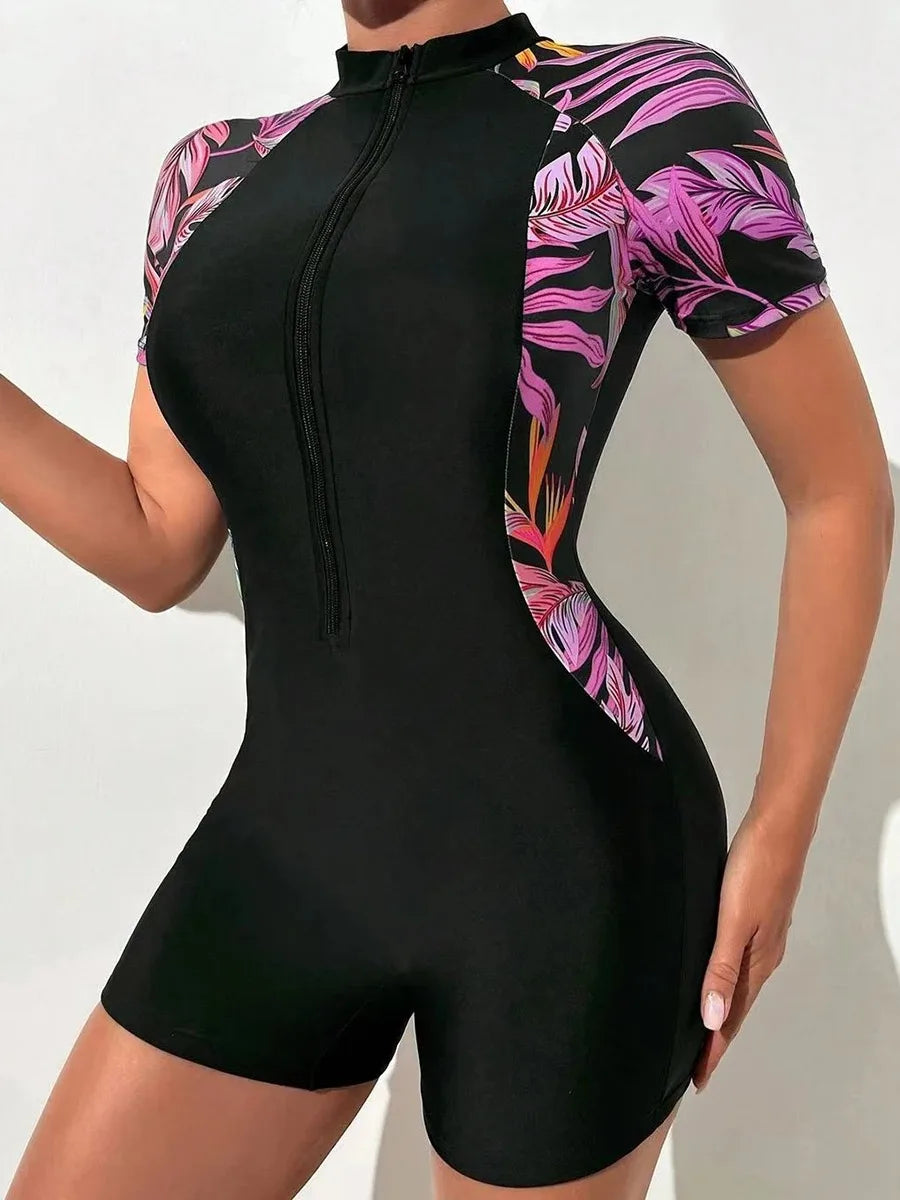 2PCS/Set Women Swimsuit Women Short Sleeved Swimsuit Front Zipper Tropical Plant Surfing Sunscreen Swimsuit (Bra+Swimsuit)