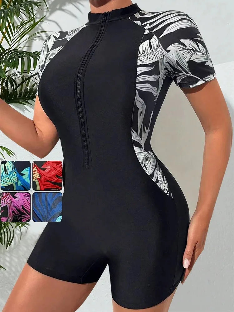 2PCS/Set Women Swimsuit Women Short Sleeved Swimsuit Front Zipper Tropical Plant Surfing Sunscreen Swimsuit (Bra+Swimsuit)