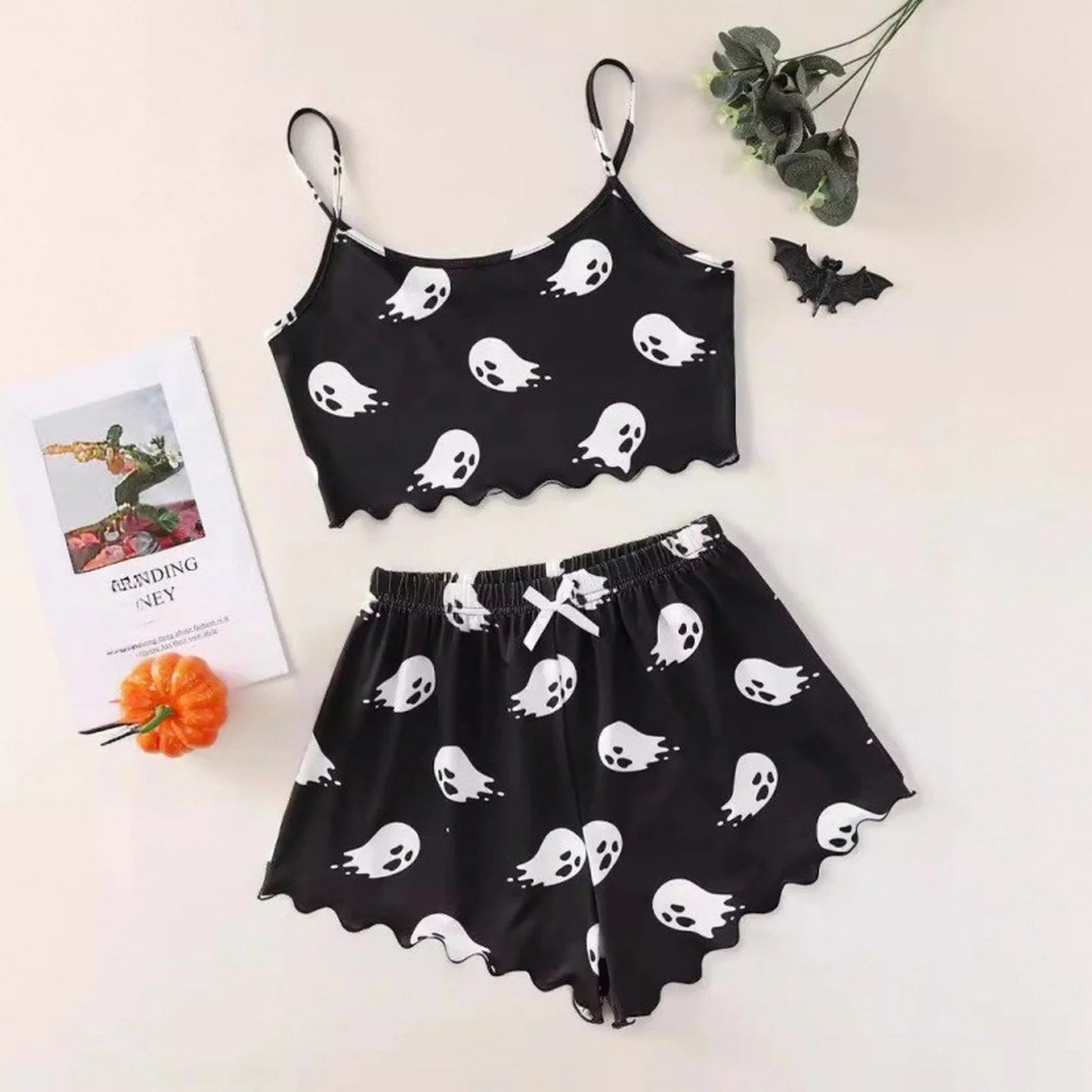 Two-Piece Women'S Large Size Sleeveless Pajamas Skull Print Vest Pumpkin Camisole Shorts Home Clothes Student Girls Clothing